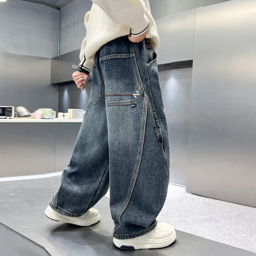 男童牛仔裤春装洋气儿童中大童男孩宽松青少年痞帅风弯刀休闲长裤