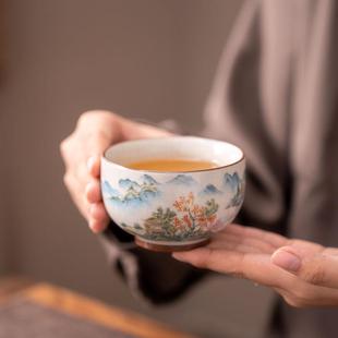 汝窑锦绣山水铜钱禅定杯主人杯高端中式家用陶瓷喝茶品茗功夫茶具