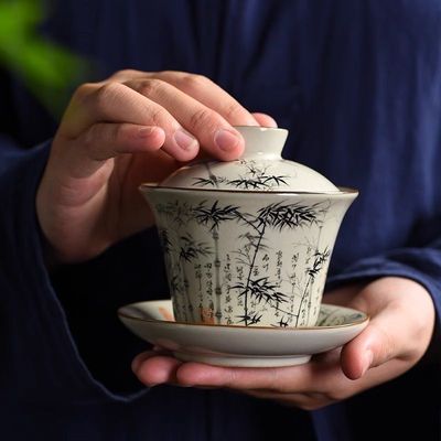 仿宋汝窑三才盖碗家用古风品茗碗高档功夫茶具中式墨竹泡茶器套装