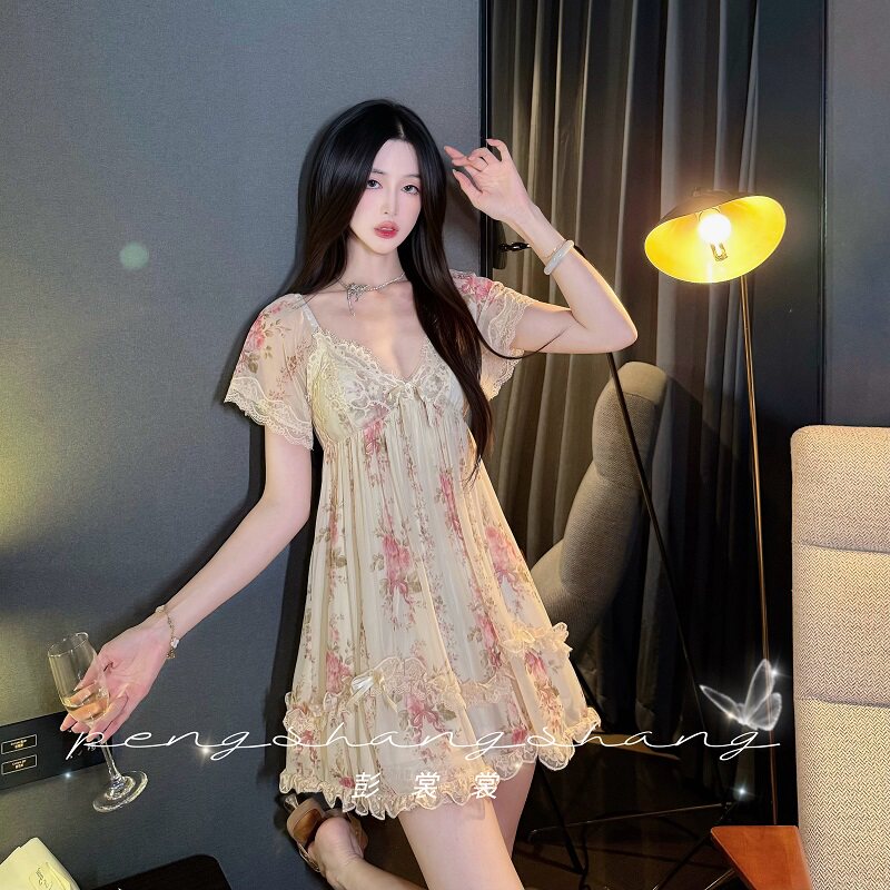 彭裳裳恋夏风【纱漾花柔】女款清纯显瘦新款夏季甜美纯欲睡衣