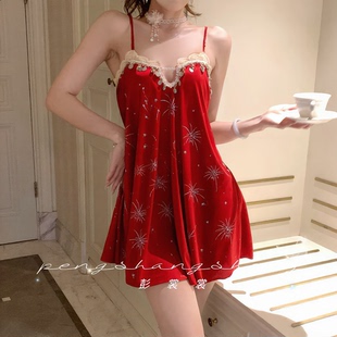 彭裳裳【绒焰星芒】春夏时尚居家性感薄款纯欲女轻奢法式睡裙睡衣