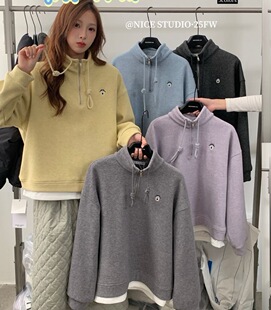 Nice studio奶思家冬韩系半拉链立领刺绣加绒套头假两件卫衣女潮