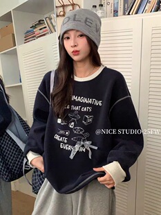 韩版 STUDIO冬季 宽松卡通图案卫衣女加绒休闲上衣 奶思家NICE 清货