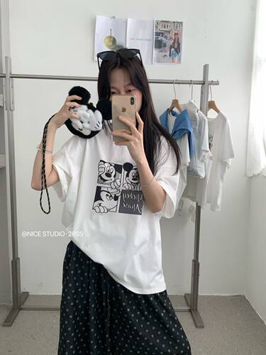 Nice studio奶思家夏季韩系休闲宽松大版型卡通印花短袖T恤女上衣