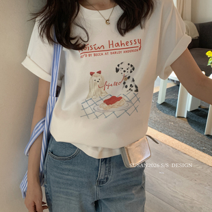 SUSAN-26年早春韩代印花小狗短袖T恤tw905