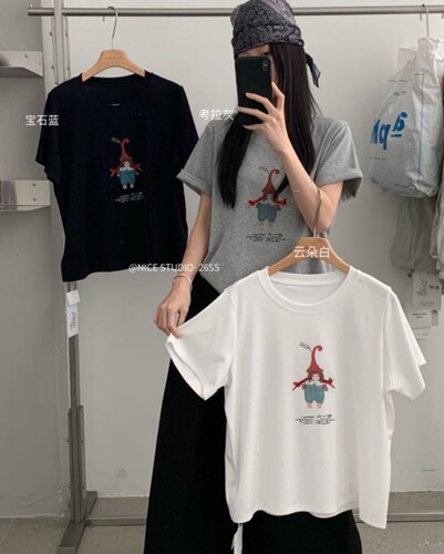 NICE STUDIO奶思家夏季韩系休闲常规版卡通印花短袖T恤女上衣潮