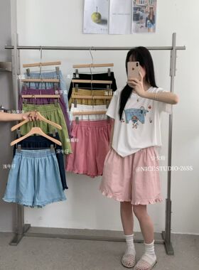 Nice studio奶思家夏上新韩系休闲木耳边松紧腰宽松阔腿短裤女