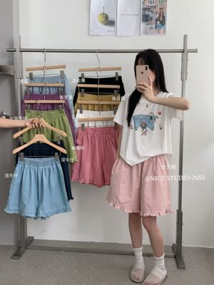 Nice studio奶思家夏上新韩系休闲木耳边松紧腰宽松阔腿短裤女