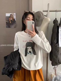 套头T恤 宽松德绒字母卡通小狗图案长袖 清货奶思家NICE STUDIO韩版