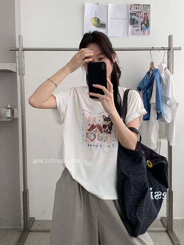NICE STUDIO奶思家夏季上新韩系休闲常规版印花短袖T恤女上衣潮