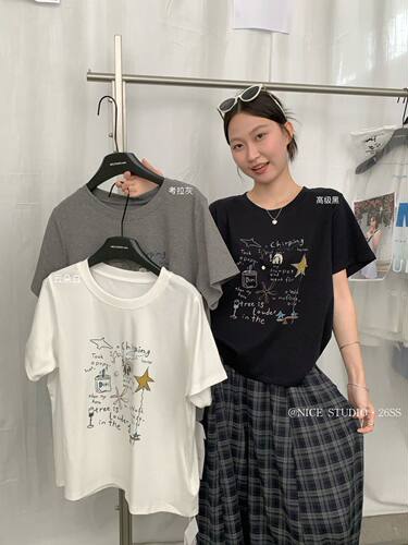 Nice studio奶思家夏上新韩系简约百搭卡通印花短袖T恤女上衣潮