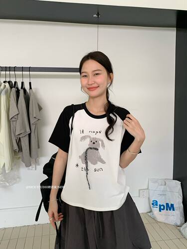 Nice Studio奶思家韩系简约圆领撞色拼接印花T恤女上衣潮
