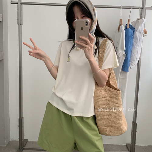 奶思家NICE STUDIO-夏上新韩系常规版撞色领水果刺绣短袖T恤L8859