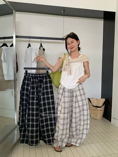 Nice studio奶思家2026夏季新款韩版休闲百搭松紧腰格子裤女潮