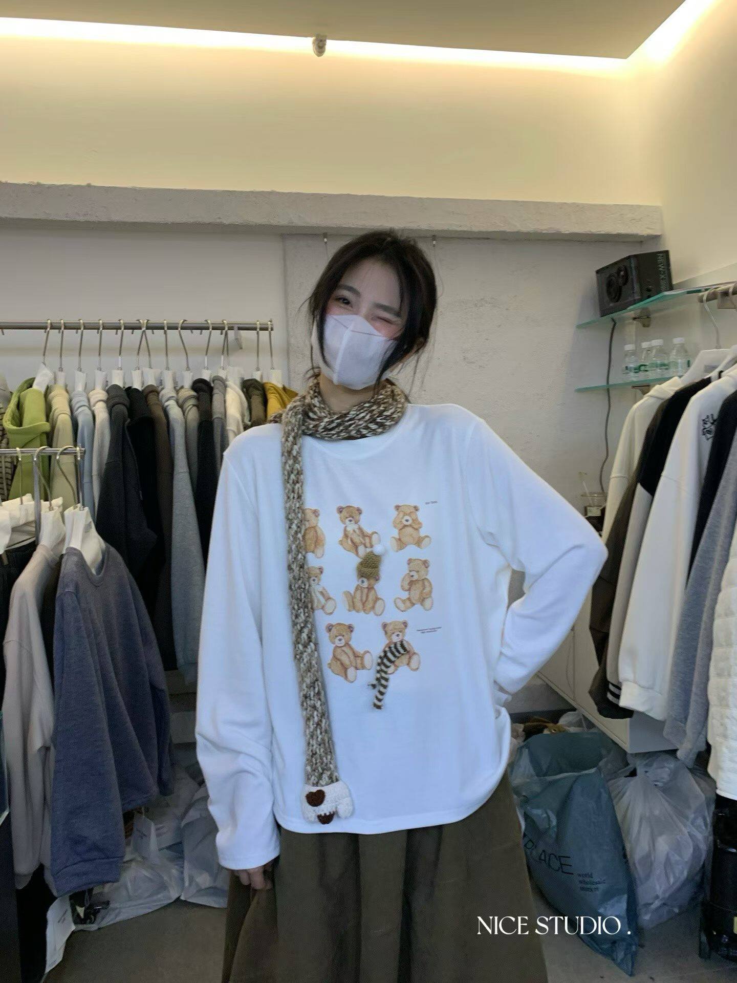 Nice studio奶思家韩版时尚休闲宽松显瘦卡通小熊印花长袖T恤女