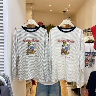 T恤92509 韩系宽松百搭显瘦卡通印花条纹长袖 Z.C 26年春款