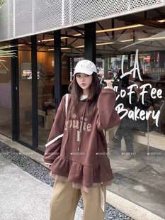 清货 KIKI韩版宽松休闲百搭圆领拼接长袖加绒卫衣女假两件上衣ins