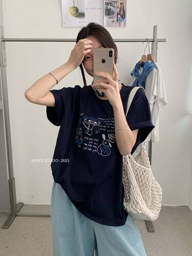 Nice studio奶思家夏季韩系休闲宽松大版型卡通印花短袖T恤女上衣