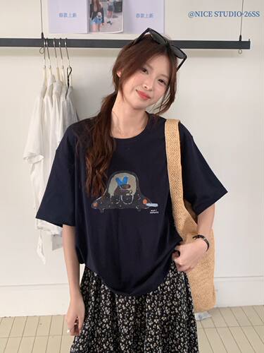 Nice studio奶思家夏上新韩系简约百搭卡通印花短袖T恤女上衣潮