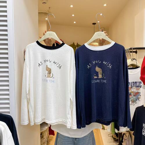 ZC韩版字母卡通图案印花长袖T恤女宽松百搭圆领可爱休闲套头上衣