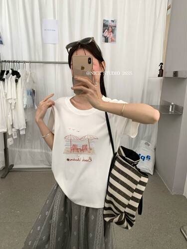 Nice studio奶思家夏上新韩系简约百搭沙滩印花短袖T恤女上衣潮