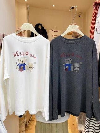 清货 ZC冬季韩系卡通小熊印花德绒长袖T恤女百搭圆领上衣可爱休闲