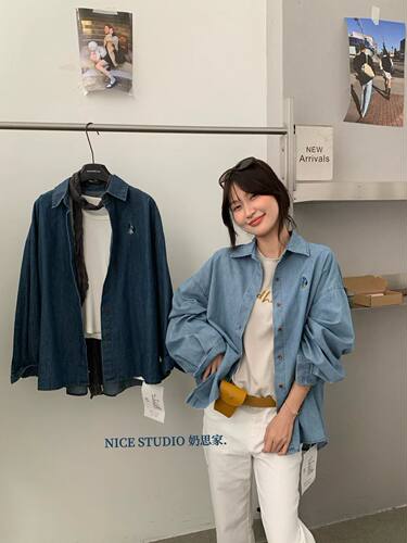 Nice studio奶思家秋季新款韩版时尚宽松大版型牛仔衬衫上衣潮