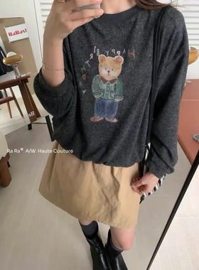 清货 RaRa Style秋季韩版休闲百搭卡通复古小熊印花长袖短款卫衣