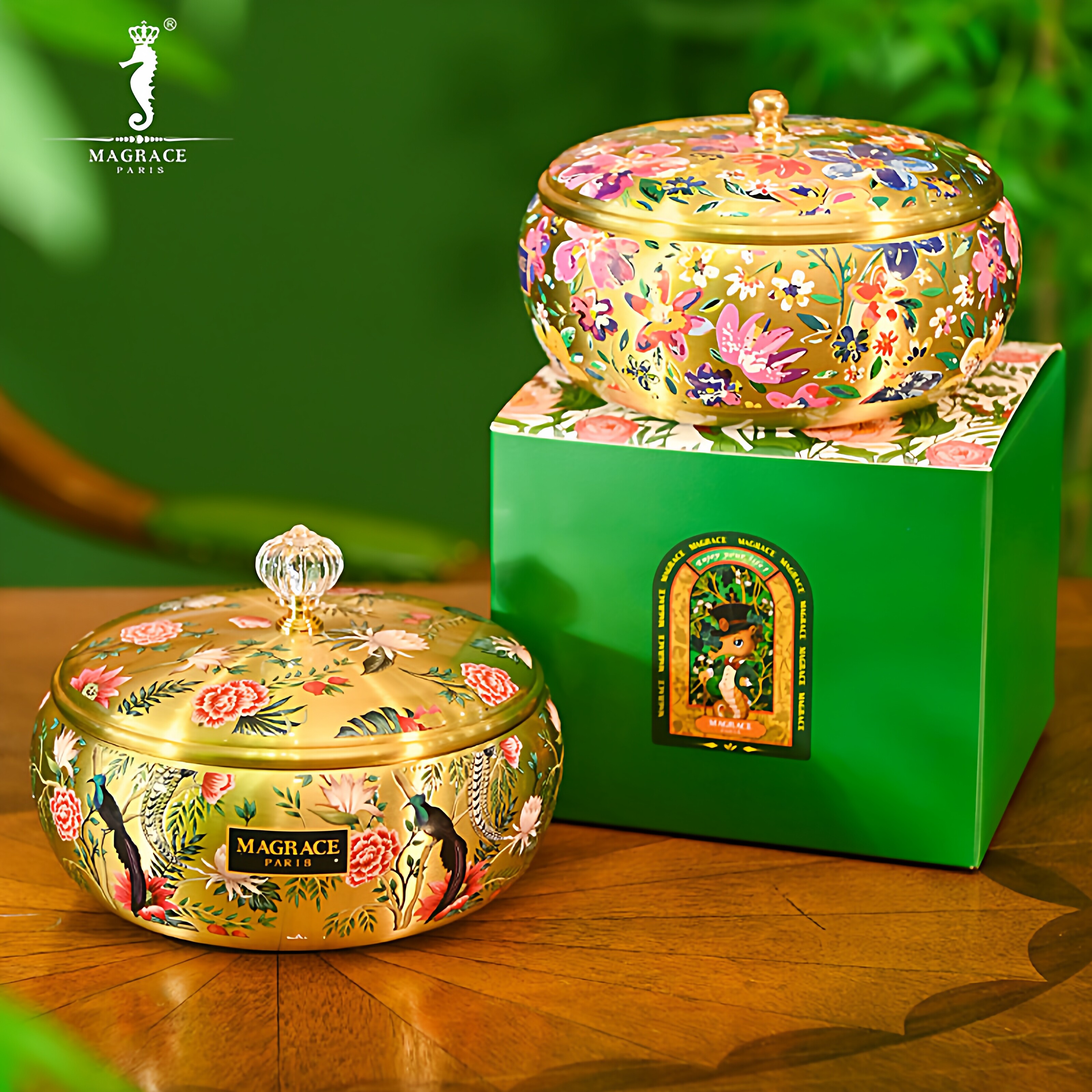新款马芮诗凤穿牡丹黄铜糖果罐带盖储物罐存钱罐果盘多功能摆件礼