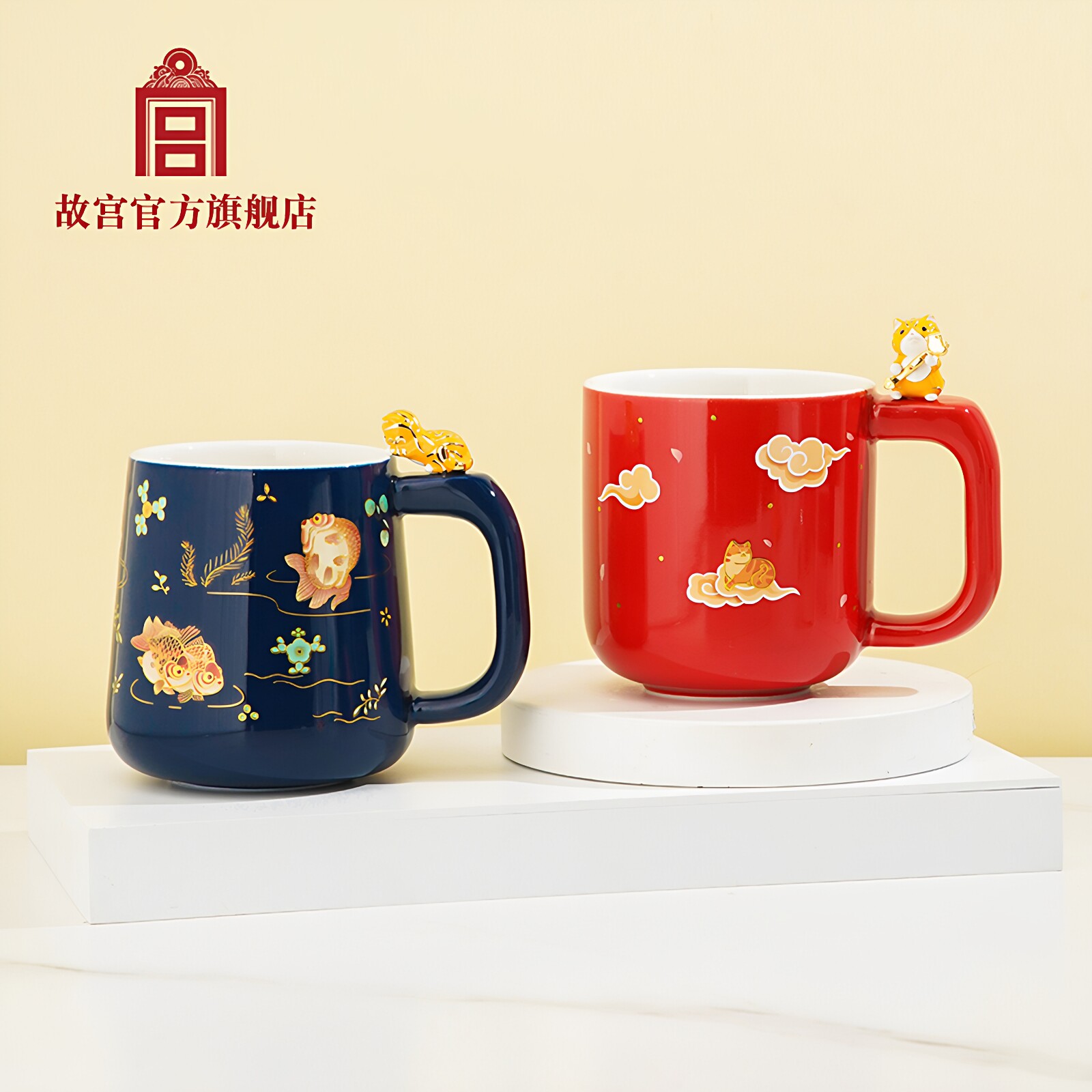 故宫宫猫马克杯送福戏鱼生日礼物情侣对杯金箔描金烤花景德镇陶瓷