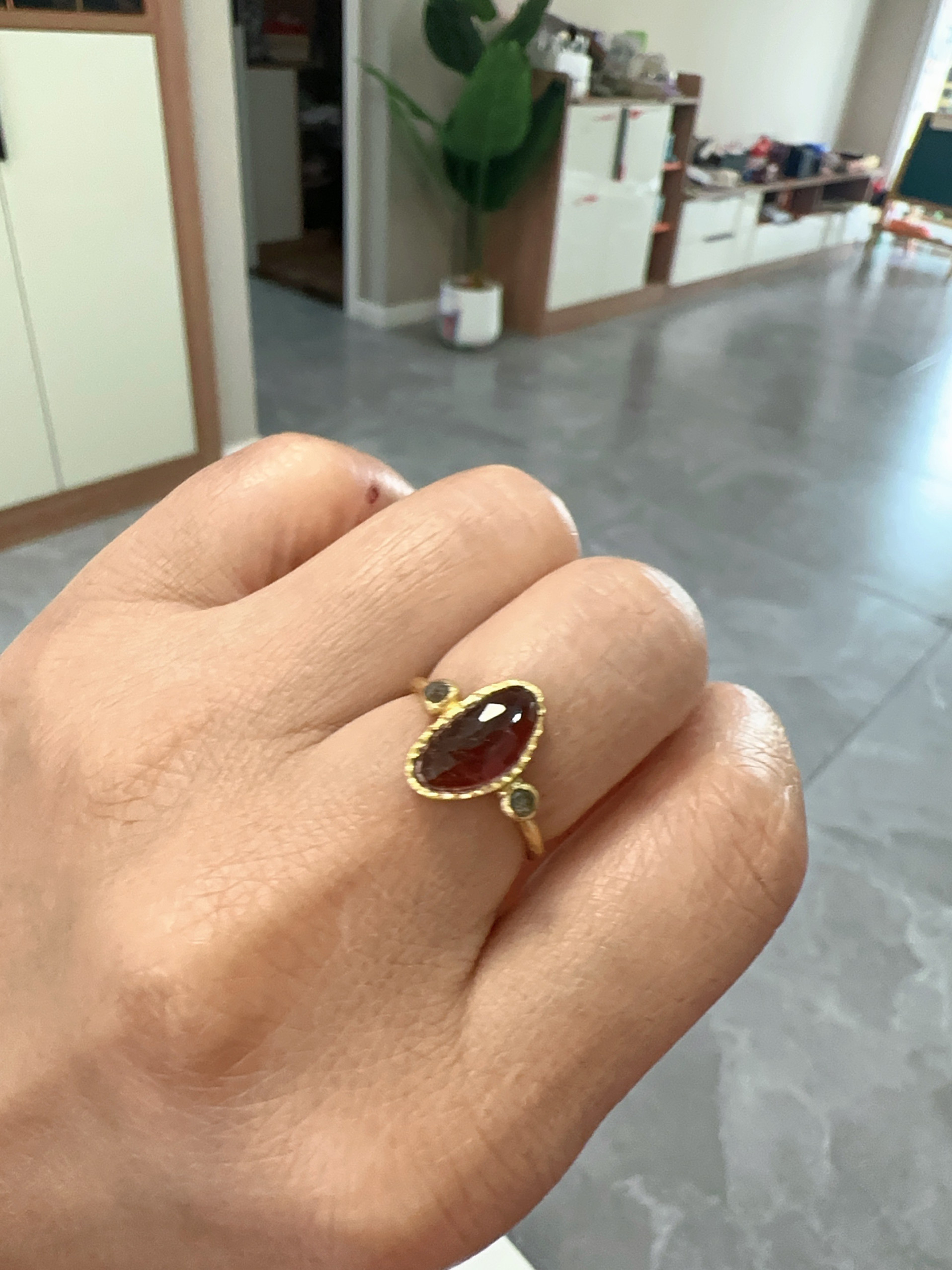 印度纯银镶嵌碎钻加天然西瓜碧玺戒指/指环