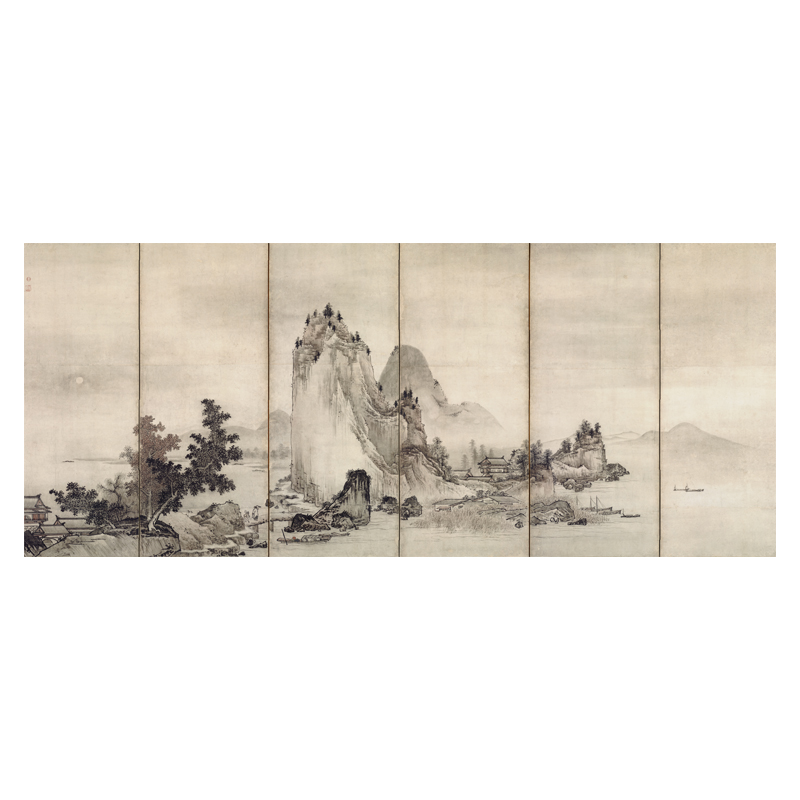 云谷等颜山水屏风高清微喷日本山水画临摹绢布画稿仿古山水画范本