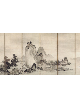 云谷等颜山水屏风高清微喷日本山水画临摹绢布画稿仿古山水画范本