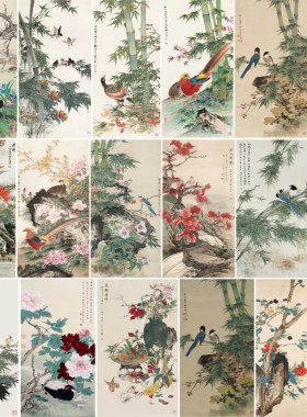 田世光孔雀双栖工笔花鸟画仿古画
