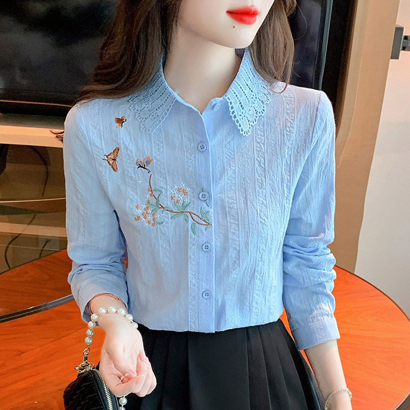 春秋装2025新款时尚刺绣纯棉别致衬衣女长袖全棉衬衫女士洋气上衣