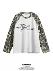 Gpstudio American Retro Color-Blocked Camouflage Ripped Long-Sleeve T-Shirt for Men, Spring Oversize Base Shirt