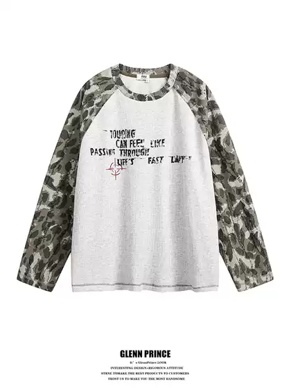Gpstudio American Retro Color-Blocked Camouflage Ripped Long-Sleeve T-Shirt for Men, Spring Oversize Base Shirt
