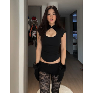 小飞袖 新款 紧实弹力上衣潮 立领镂空黑色T恤女夏季 纯欲辣妹新中式