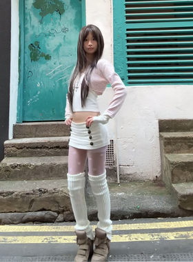 美式辣妹设计感古铜纽扣白色裤裙