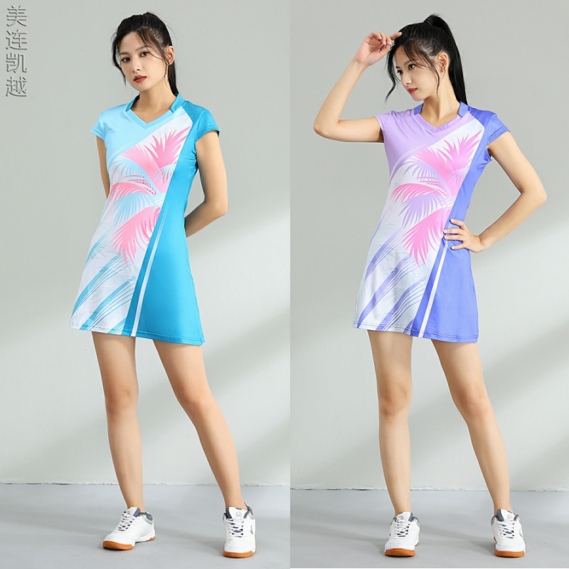 快干吸湿排汗羽毛球服连衣裙女夏中长裙修身显瘦排球连体裙网球衣