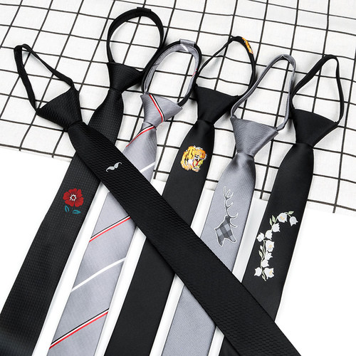 5cm黑色刺绣懒人免打拉链小领带