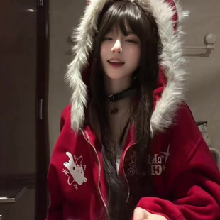 圣诞幽灵猫刺绣毛领连帽卫衣女大童初中高中学生红色宽松开衫外套