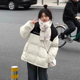 撞色羽绒棉服女大童冬季初中高中学生加厚保暖中长款小个子外套