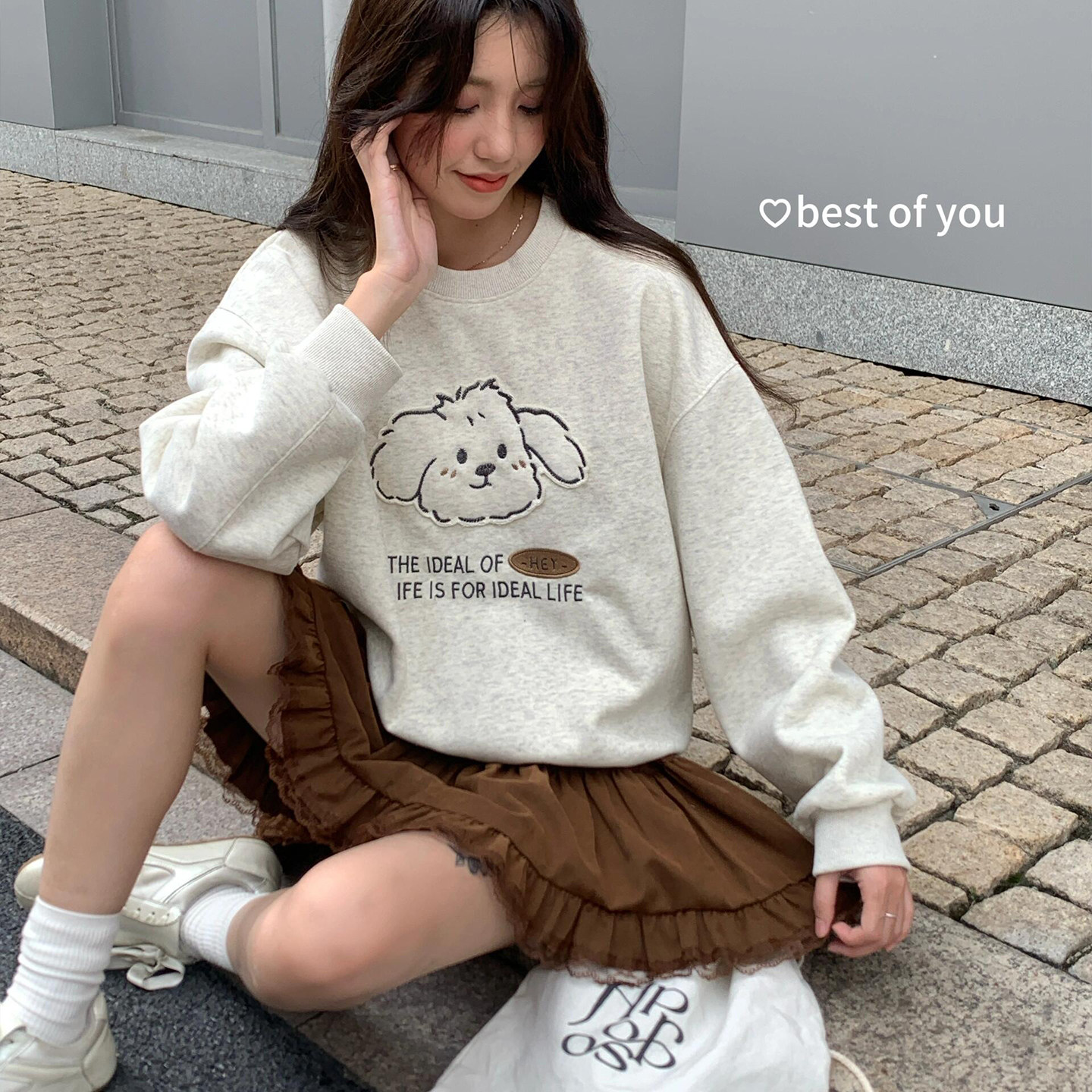 韩版卡通小狗刺绣卫衣女大童初中高中学生宽松圆领长袖可爱上衣