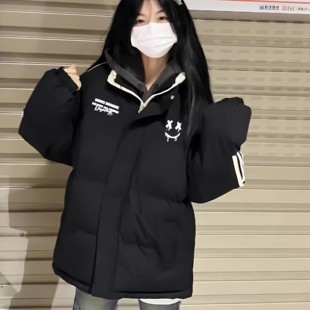 黑色美式三条杠羽绒棉服女大童冬初中高中学生宽松加厚面包服外套