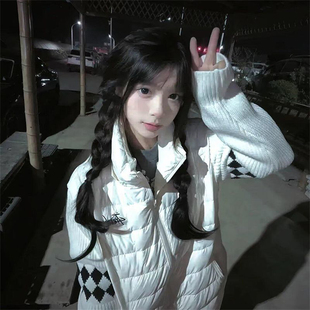 学院风白色连帽羽绒棉服女大童初中高中学生菱格纹拼接保暖外套