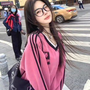 美式复古V领卫衣女大童初中高中学生潮牌粉色宽松百搭学院风上衣