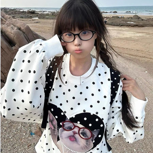 韩系甜美波点小猫刺绣女大童卫衣