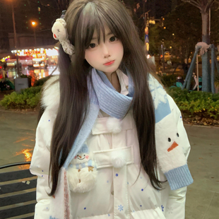 甜美少女风雪人魔术贴连帽羽绒棉服女大童初中高中学生学院风外套