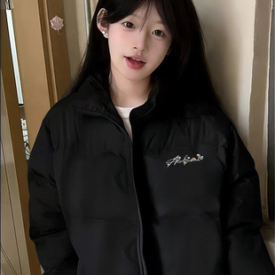 街头休闲黑色立领羽绒棉服女大童初中高中学生加厚保暖面包服外套